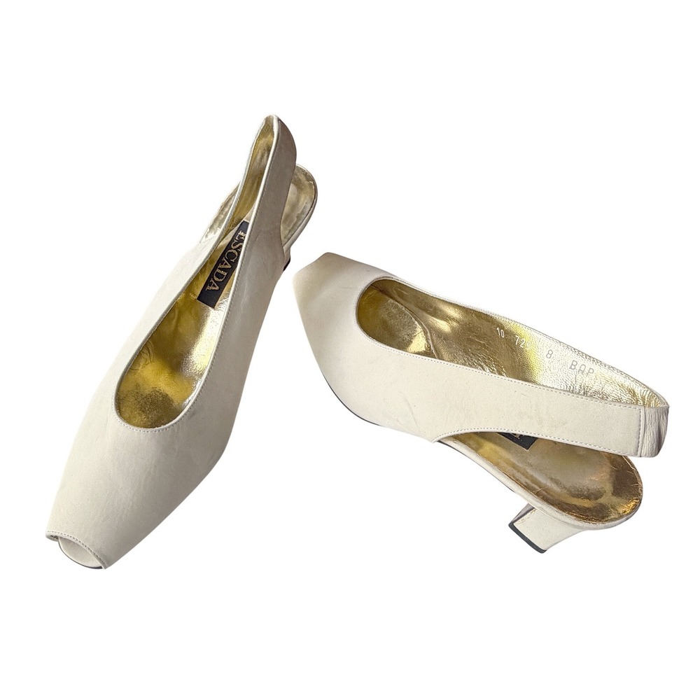 Escada Vintage Designer Peep Toe Slingback Cream Leather Heels Made Italy 8